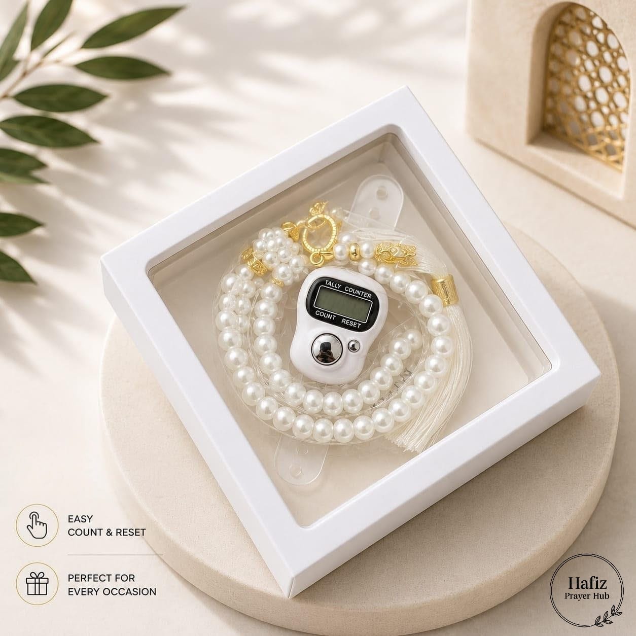 Premium Digital Tasbeeh Counter with Pearl Prayer Beads Gift Box