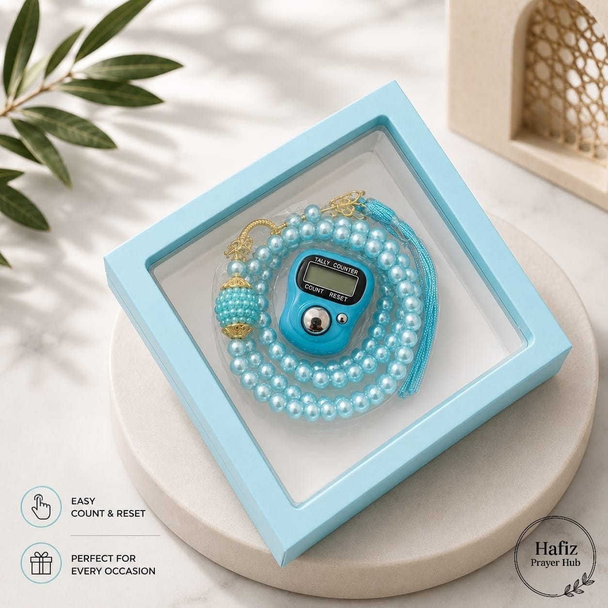 Premium Digital Tasbeeh Counter with Pearl Prayer Beads Gift Box